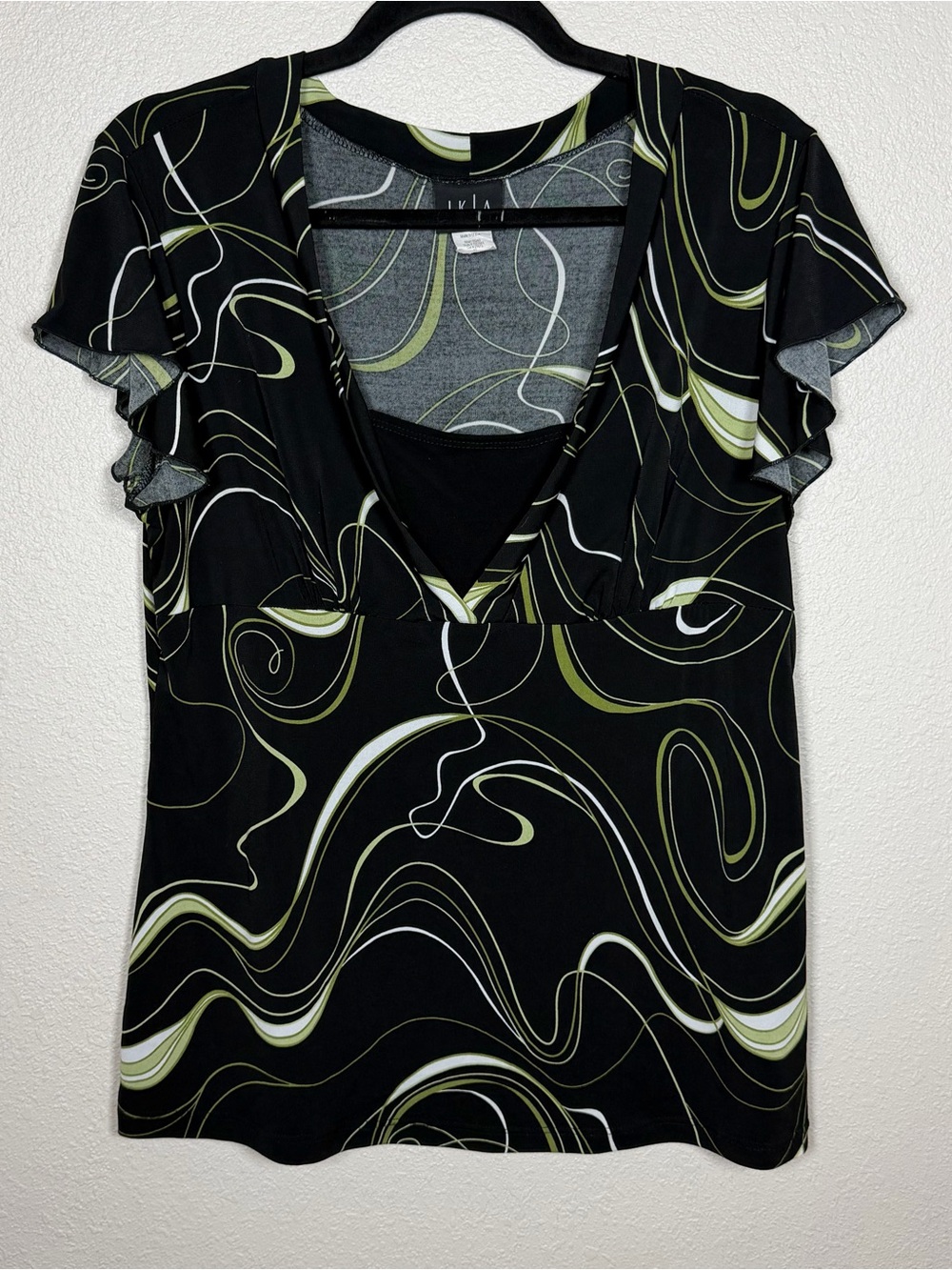 Women’s XL Y2K Retro Abstract Swirl Babydoll Flutter Sleeve Layered Blouse